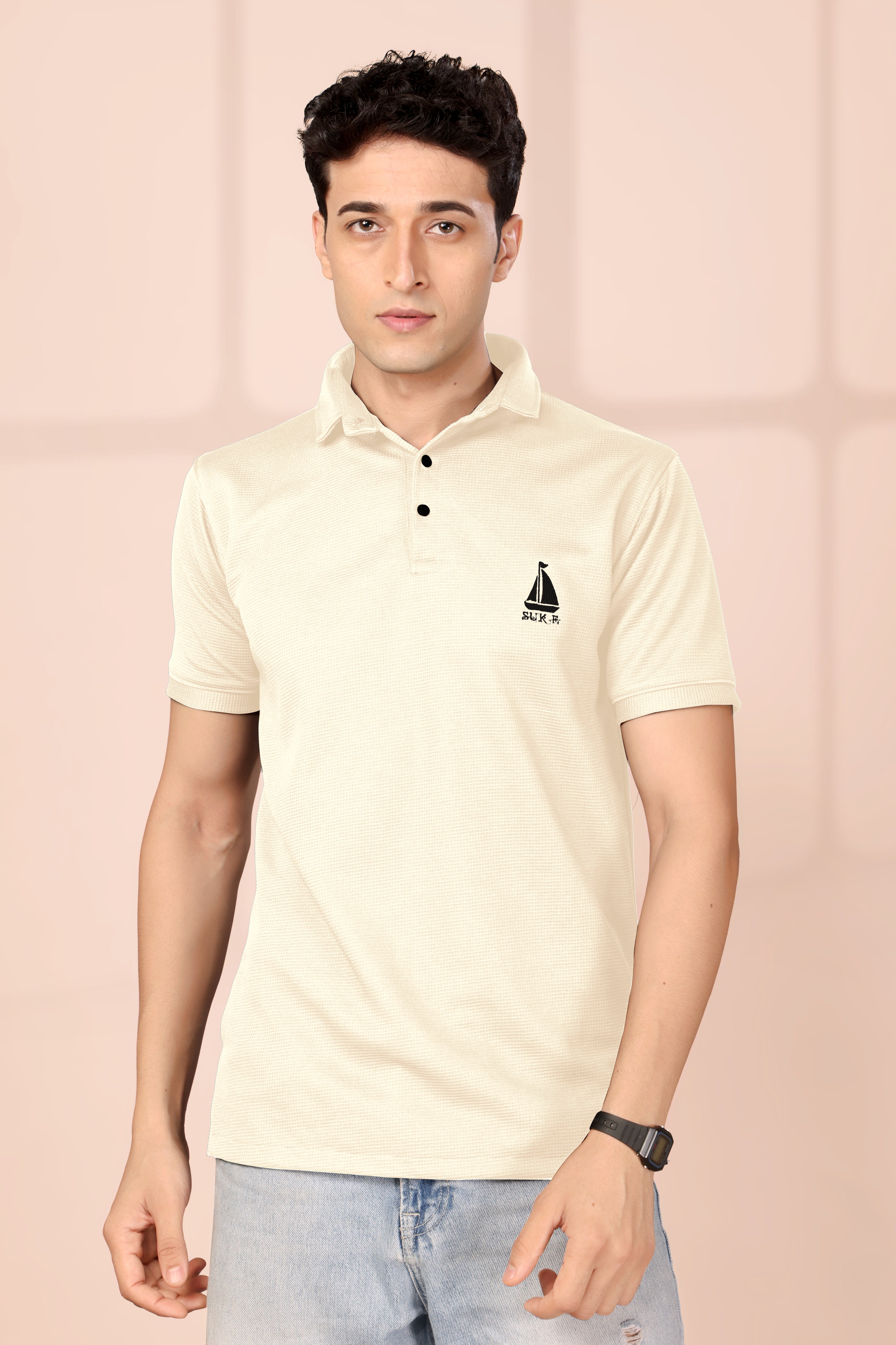 Man’s Premium Beige Textured Polo T-Shirt | Short Sleeve & Comfortable Fit