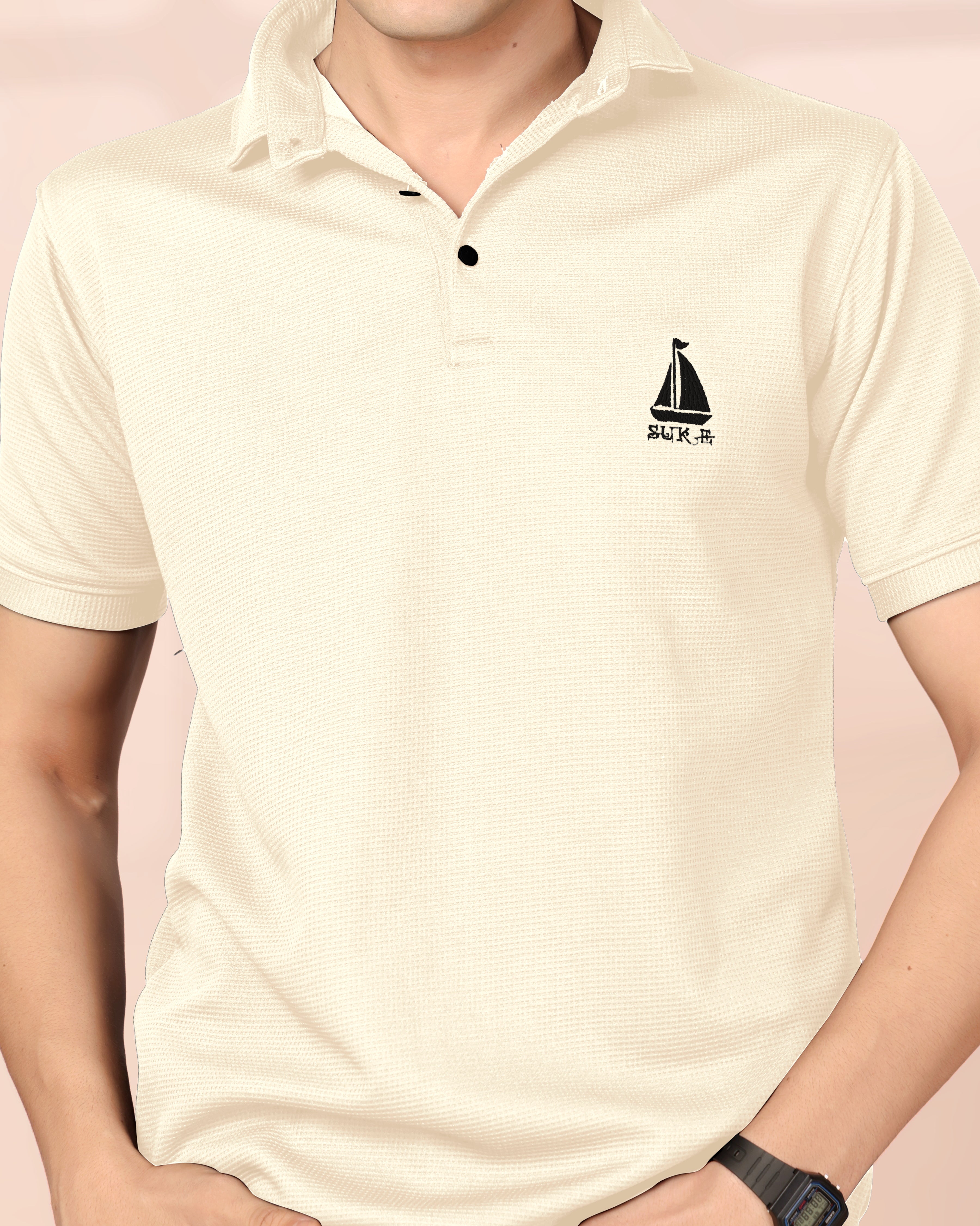 Man’s Premium Beige Textured Polo T-Shirt | Short Sleeve & Comfortable Fit