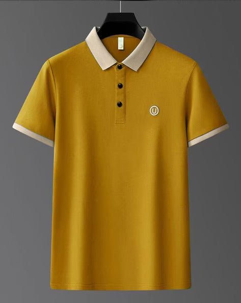 Men’s Mustard Yellow Polo T-Shirt with Contrast Beige Collar | Premium Cotton Slim Fit Casual Polo