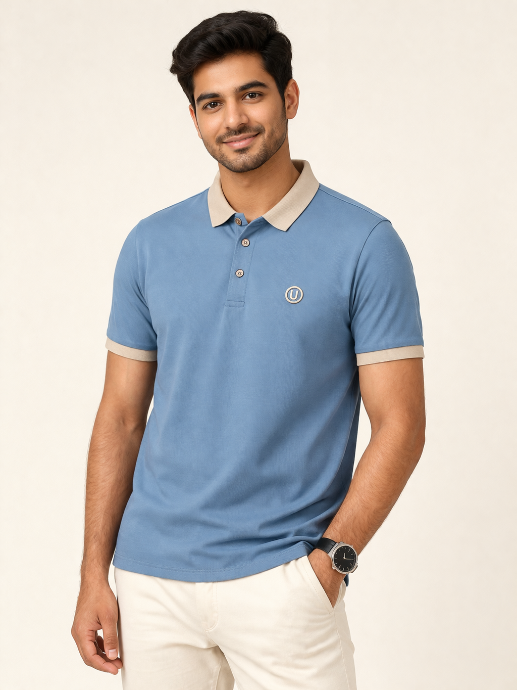 Men’s Sky Blue Polo T-Shirt with Contrast Beige Collar | Premium Cotton Slim Fit Casual Polo Tee