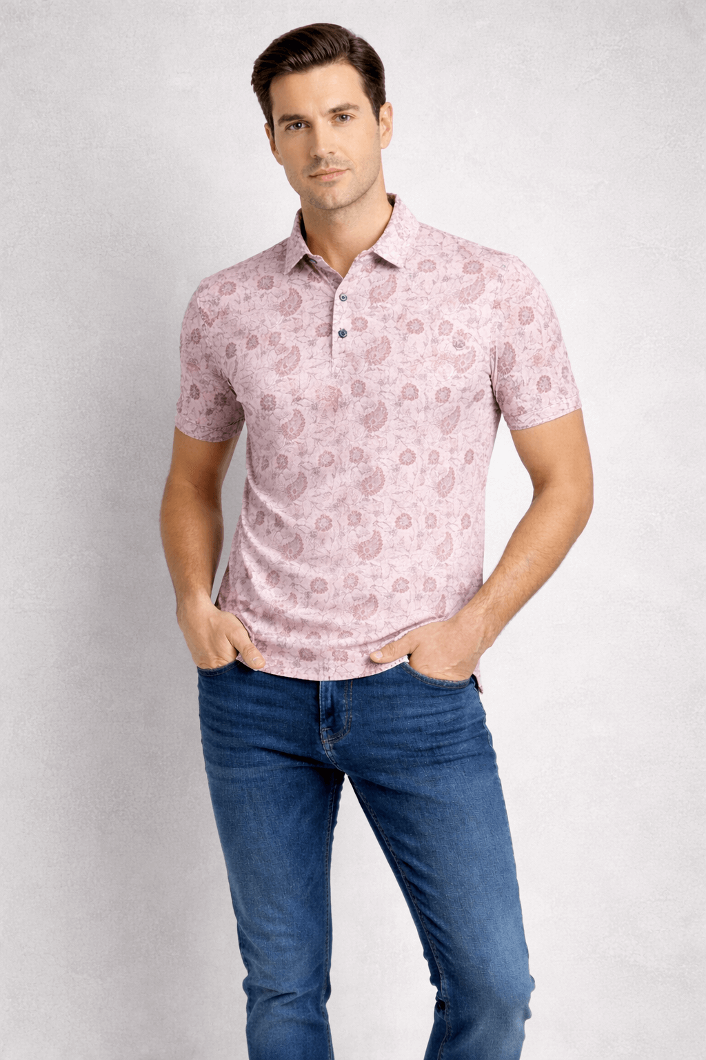 Men’s Classic Pink Floral Short Sleeve T-Shirt – Slim Fit Casual Wear | Stylish Summer Polo T-Shirt