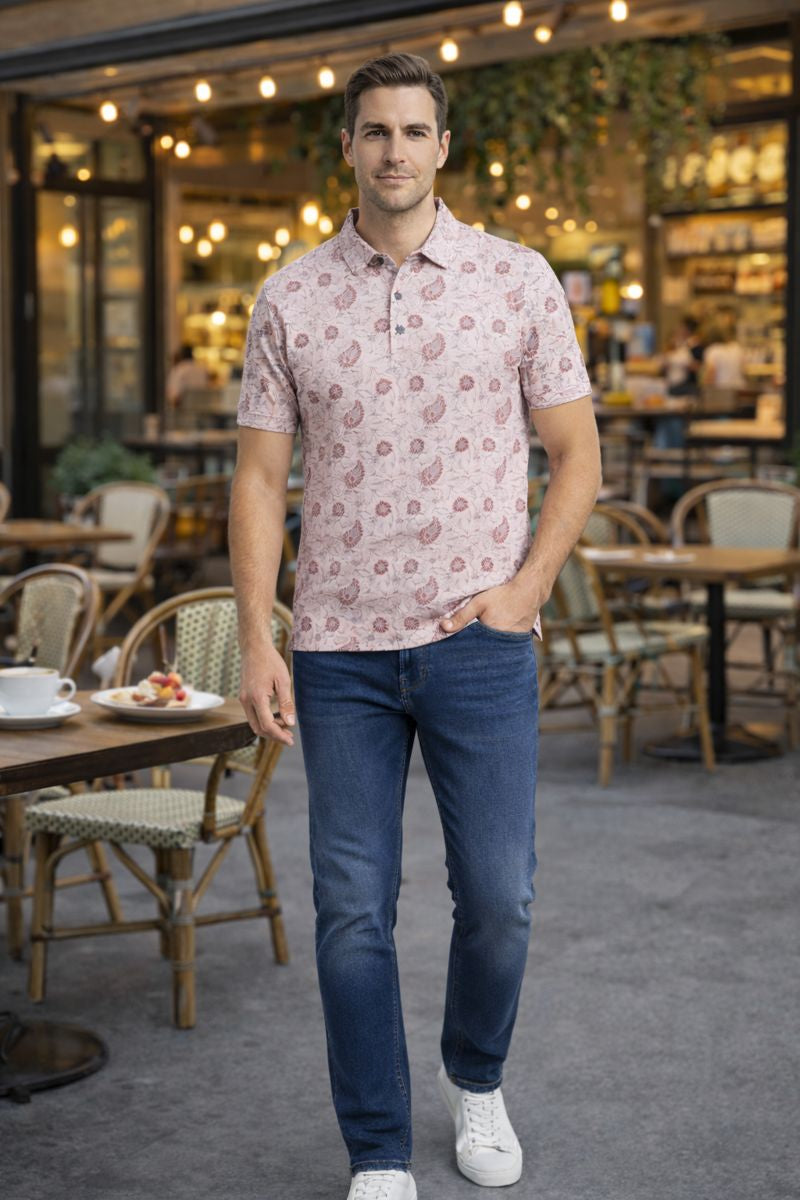 Men’s Classic Pink Floral Short Sleeve T-Shirt – Slim Fit Casual Wear | Stylish Summer Polo T-Shirt