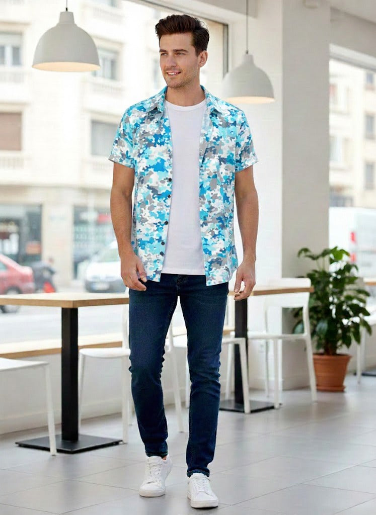 SRT Sky Blue Pop Print Half Sleeve Shirt for Men – Stylish Casual Printed Shirt