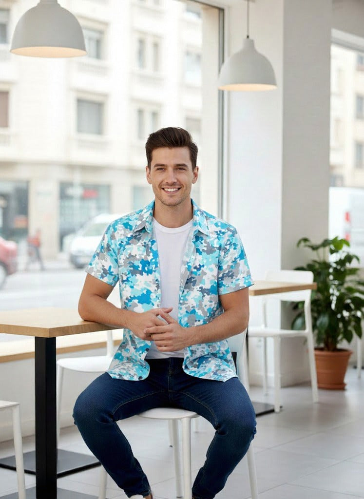 SRT Sky Blue Pop Print Half Sleeve Shirt for Men – Stylish Casual Printed Shirt