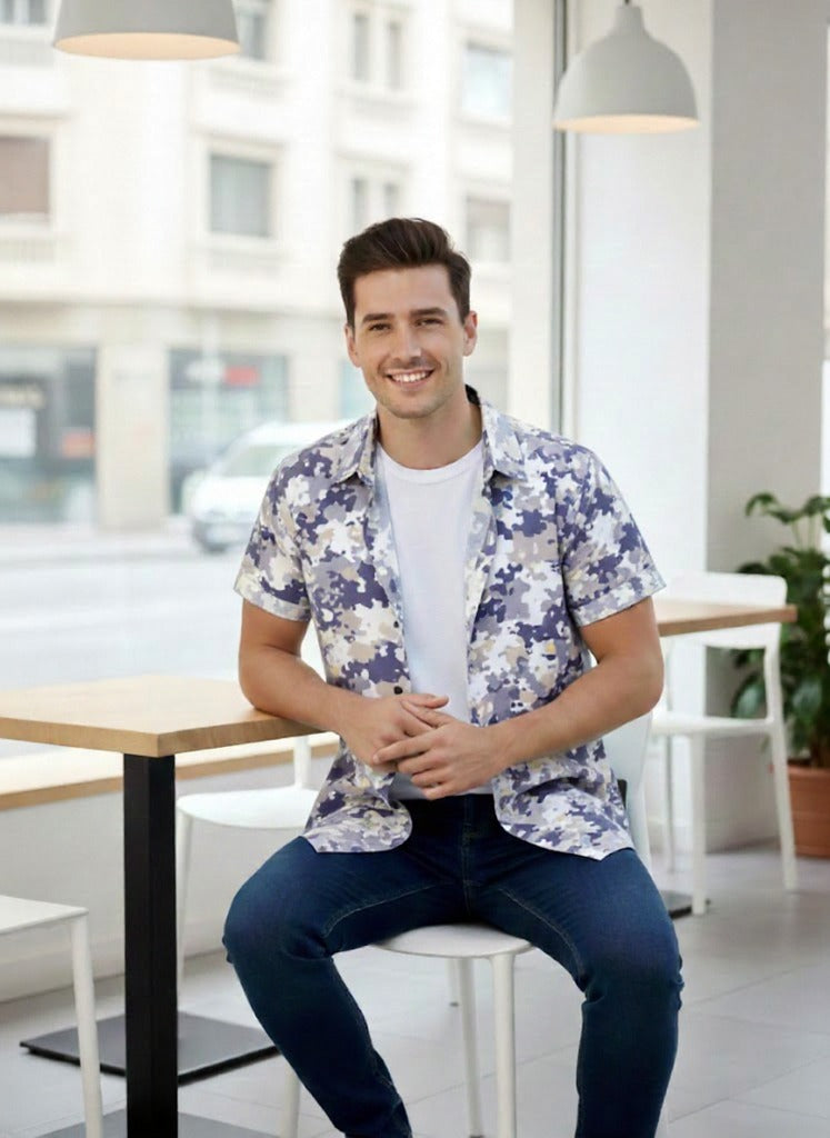 SRT Pop Blue Shufboard Shapes Pop Print Shirt  - Half Sleeve Shirt For Man