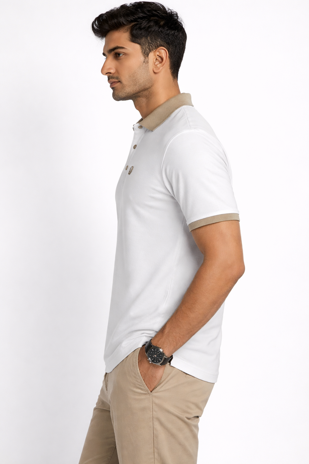 Men’s Premium White Polo T-Shirt with Beige Collar | Stylish Cotton Polo for Casual & Smart Wear