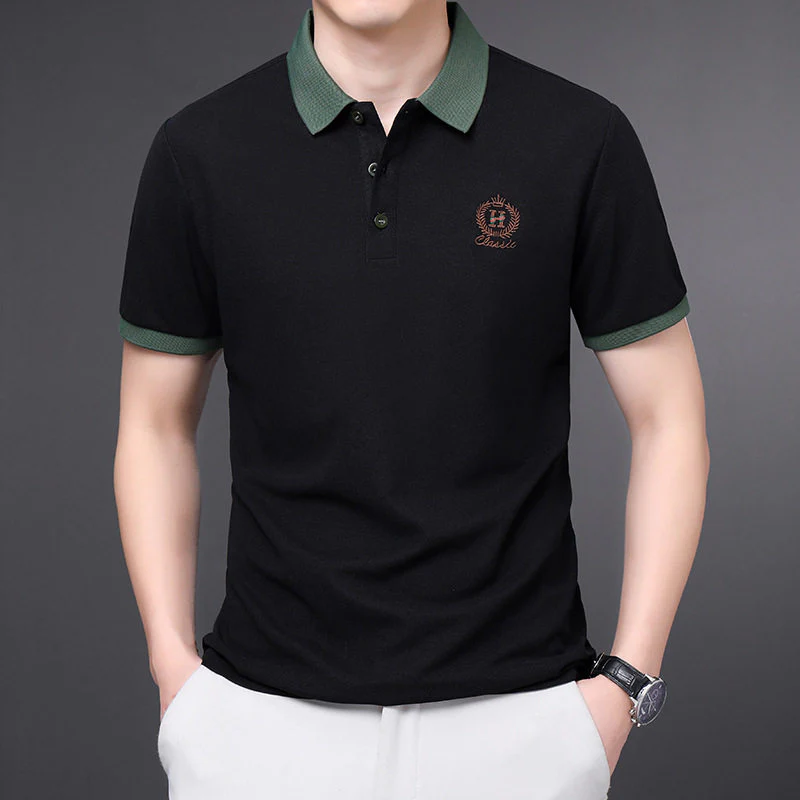 Men’s Black Polo T-Shirt with Olive Collar | Premium Casual Slim Fit Polo Tee
