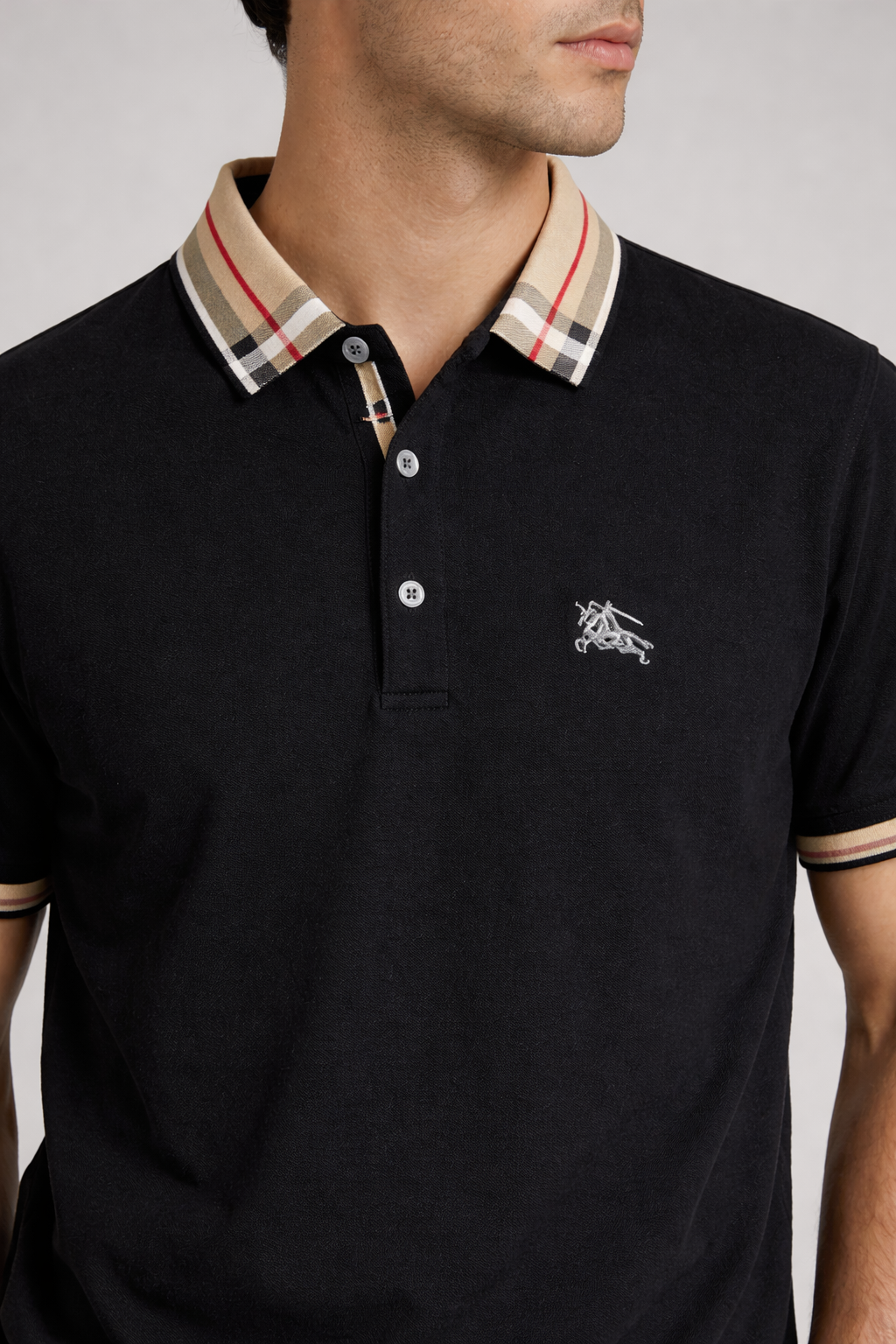 Men’s Premium Black Polo T-Shirt with Checked Collar | Korean Style Slim Fit Casual Polo Tee for Men