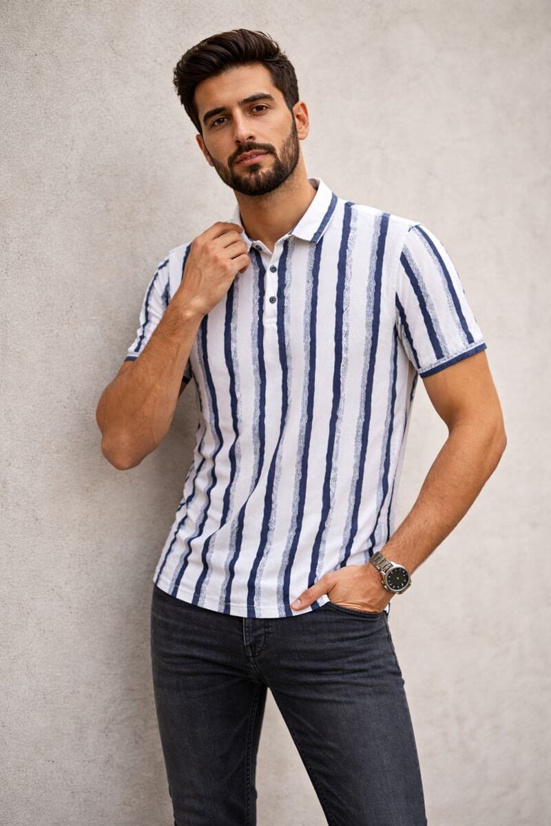 Men’s Blue & White Vertical Stripe Polo T-Shirt – Premium Casual Half Sleeve