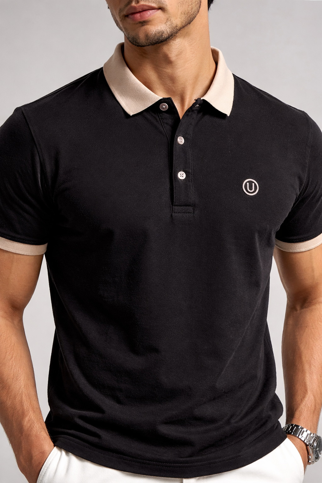Men's Premium Black Polo T-Shirt – Beige Contrast Collar & Slim Fit Half Sleeves