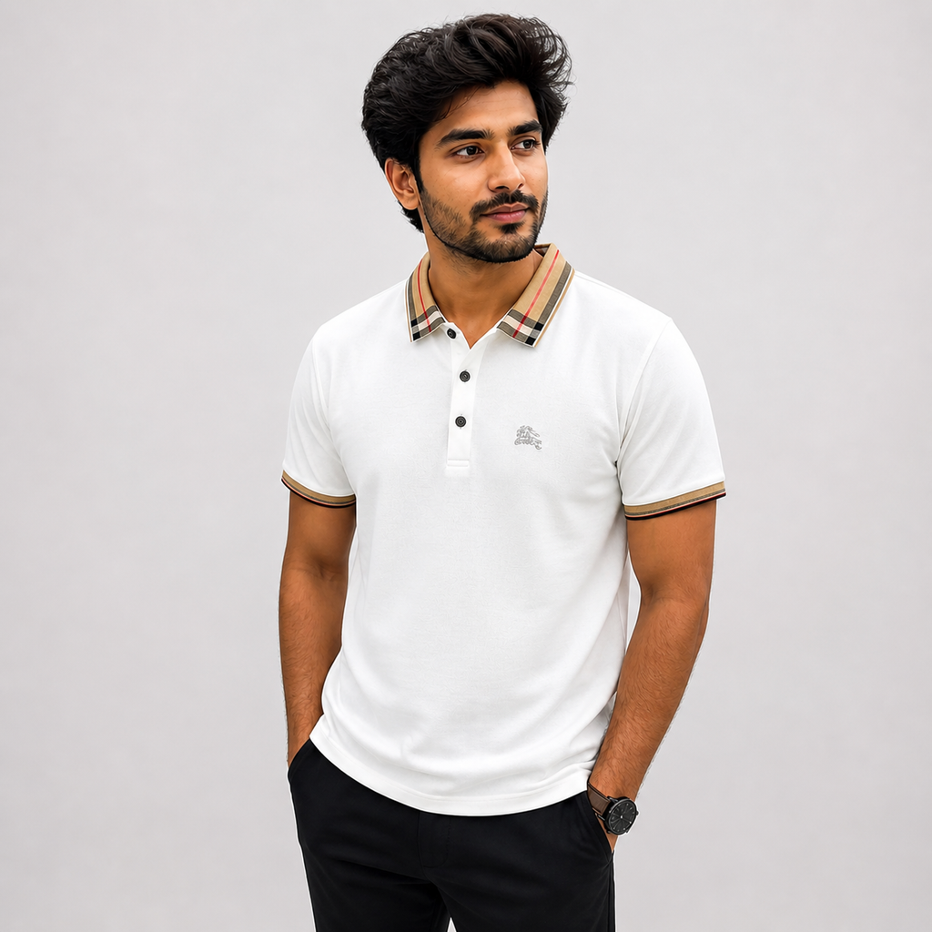 Men’s White Premium Polo T-Shirt with Checked Collar | Classic Slim Fit Casual Polo Tee