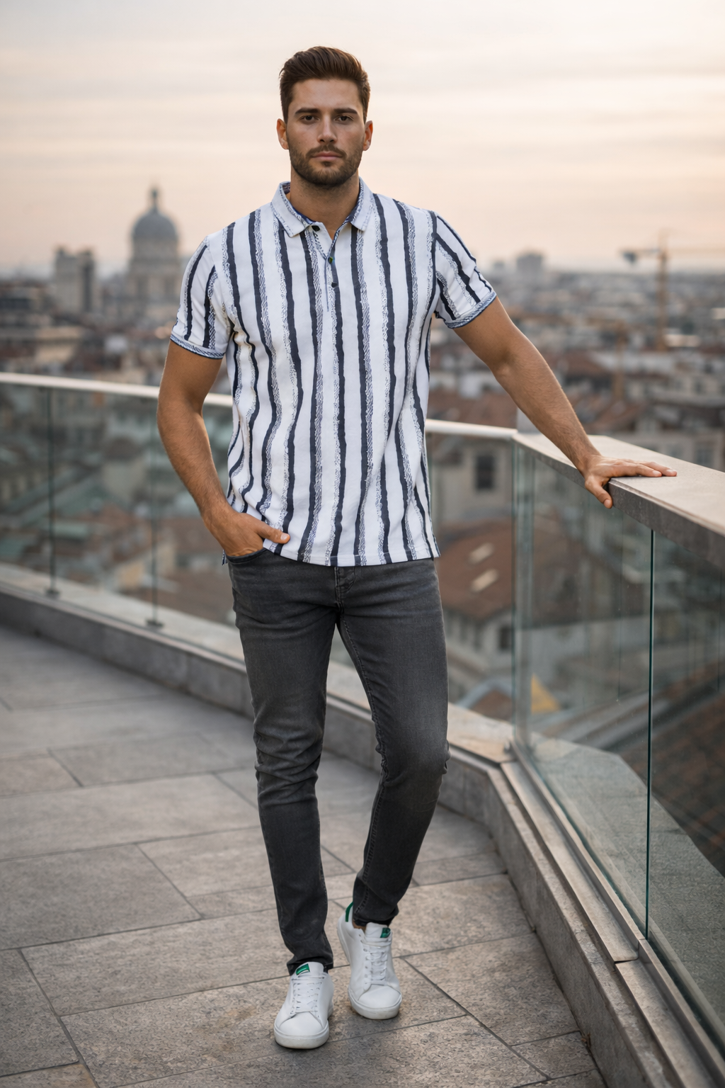 Men’s Black & White Vertical Stripe Polo Shirt – Smart Casual Everyday Wear