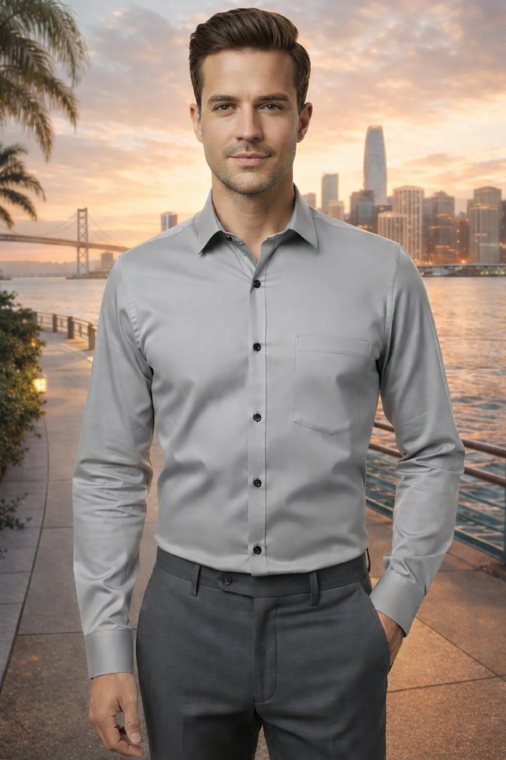 Men’s Light Grey Full Sleeve Shirt – Slim Fit Formal & Casual Wear