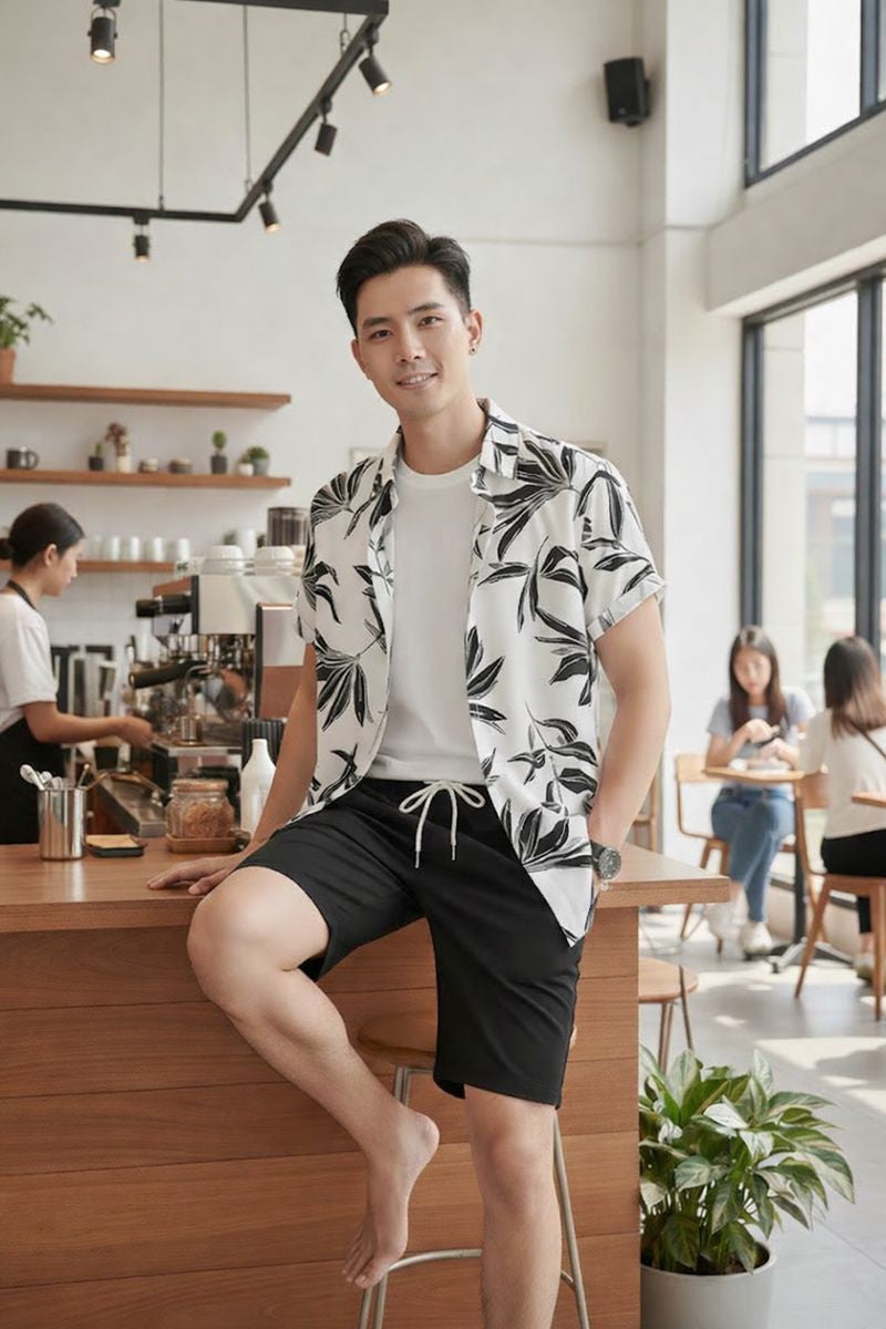 Man's Black Leaf Co-Ord Night Suit – Shirt & Shorts Set