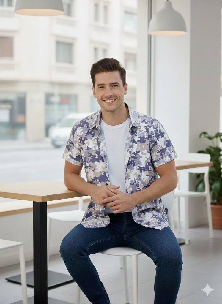 SRT Pop Blue Shufboard Shapes Pop Print Shirt  - Half Sleeve Shirt For Man