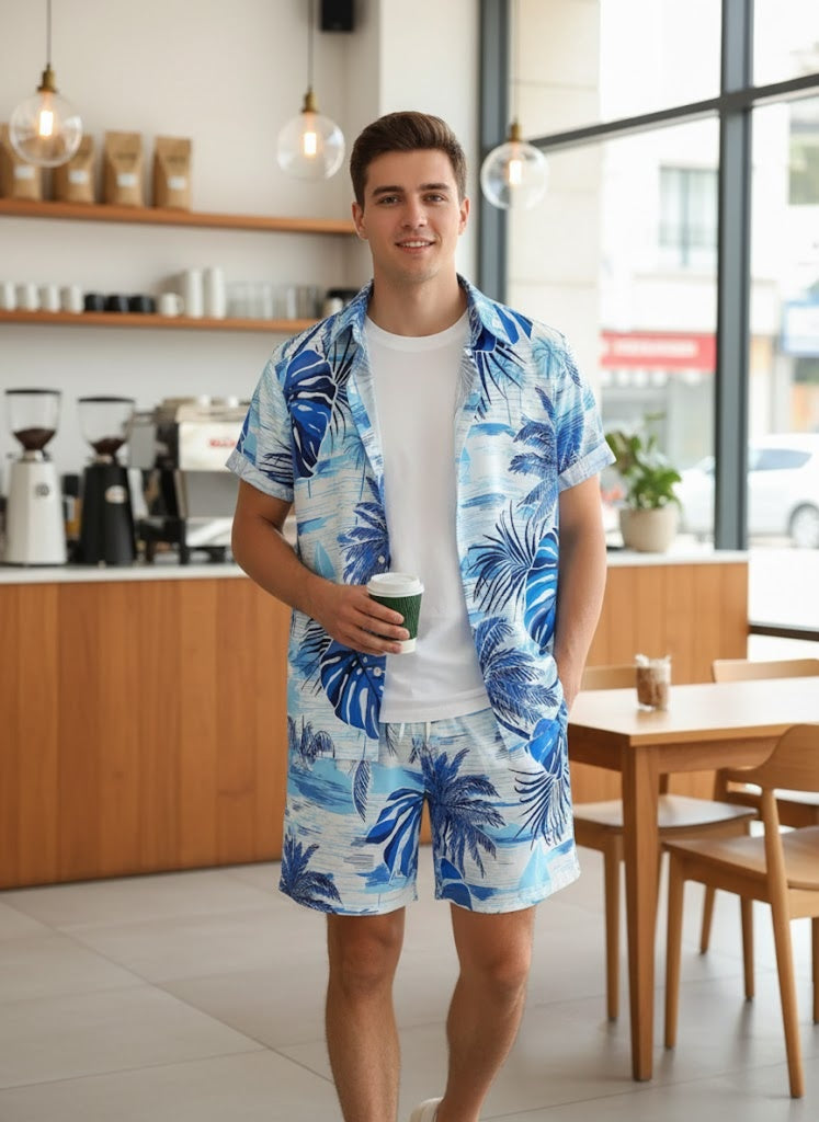 Men’s Cocos Blue Lycra Night Suit – Shirt & Shorts Set