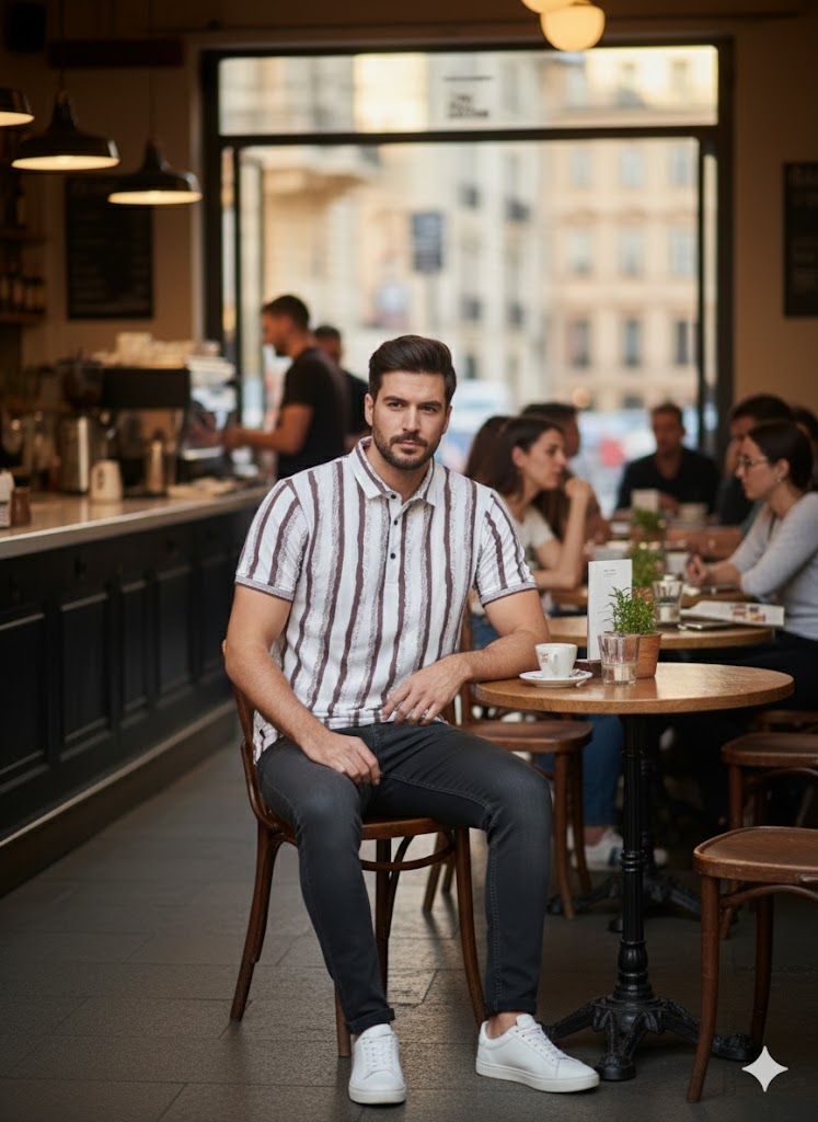 Men’s Maroon & White Vertical Stripe Casual Half Sleeve T-Shirt