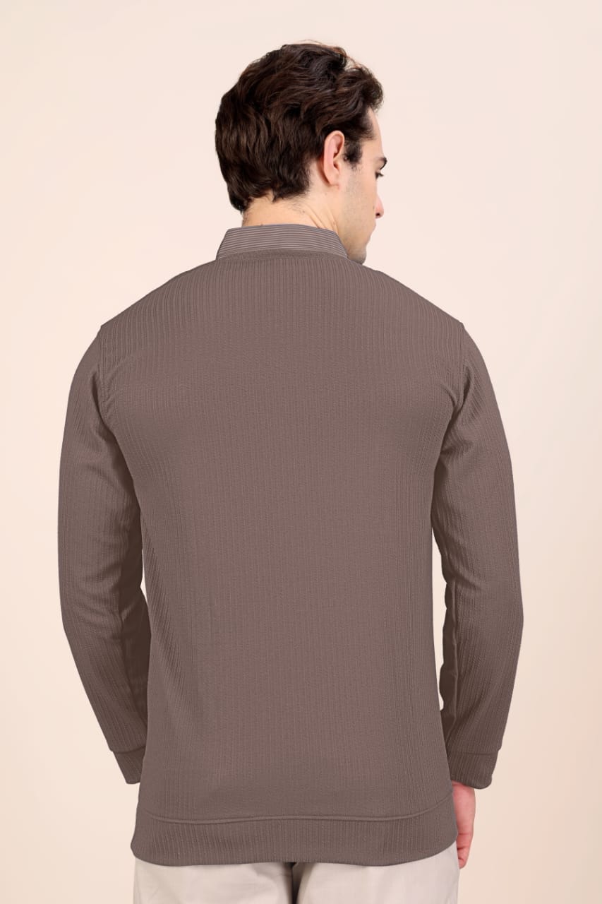 Men’s Premium Brown Textured Long Sleeve Polo T-Shirt