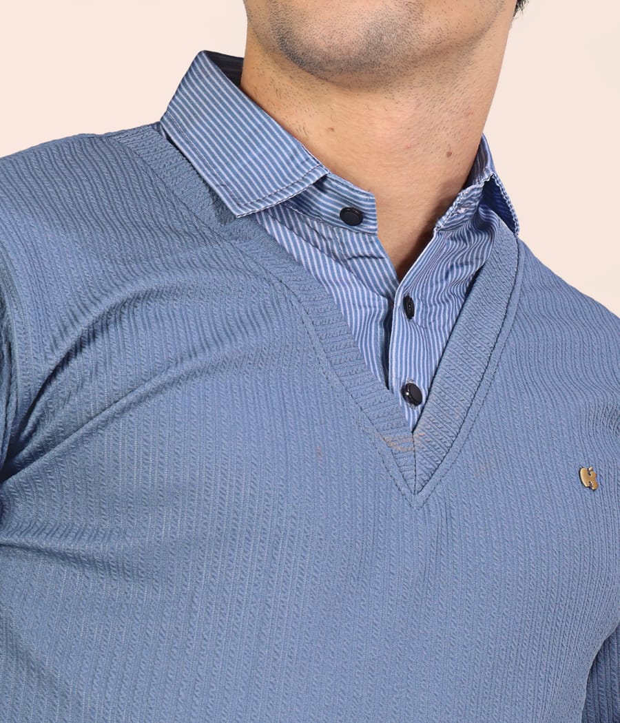 Men’s Premium Textured Blue Long Sleeve Polo T-Shirt | Stylish Casual & Semi-Formal Wear