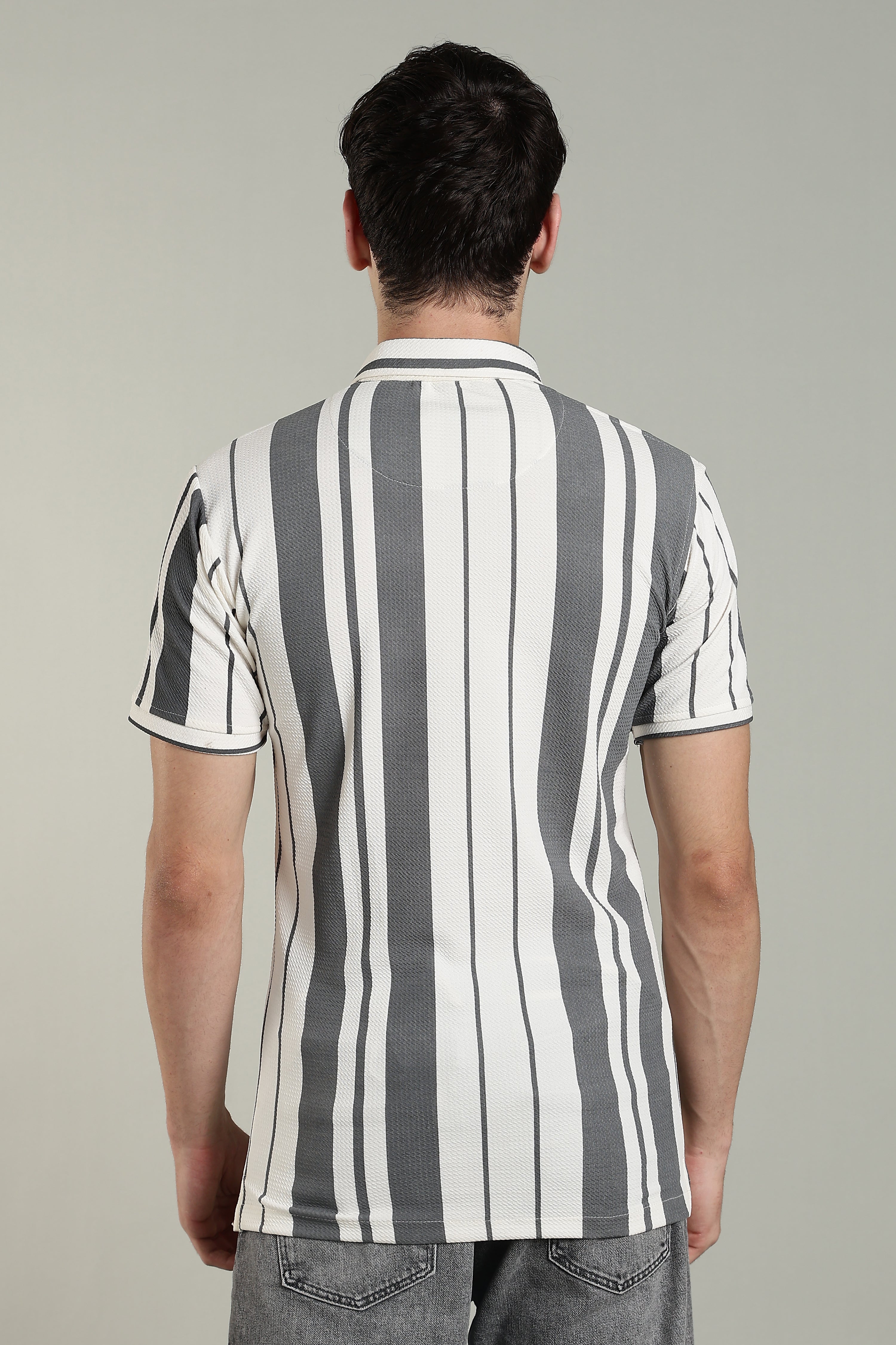 Men’s Premium Grey & White Vertical Striped Polo T-Shirt