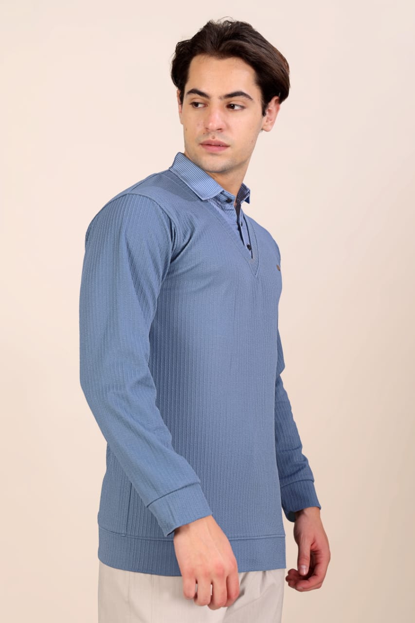 Men’s Premium Textured Blue Long Sleeve Polo T-Shirt | Stylish Casual & Semi-Formal Wear