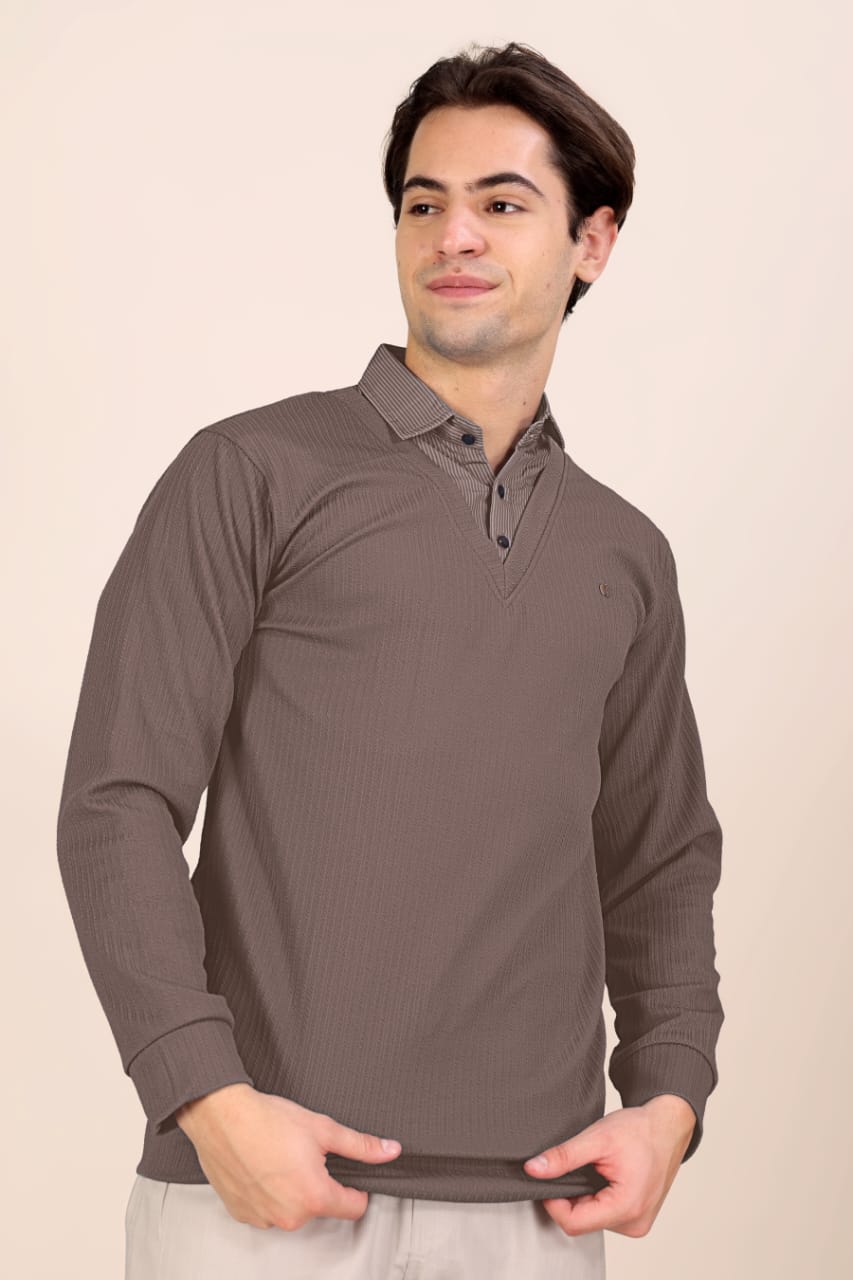 Men’s Premium Brown Textured Long Sleeve Polo T-Shirt