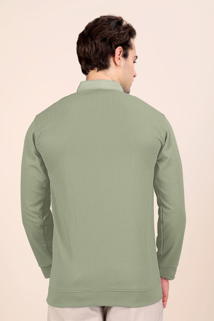 Men’s Premium Sage Green Textured Long Sleeve Polo T-Shirt