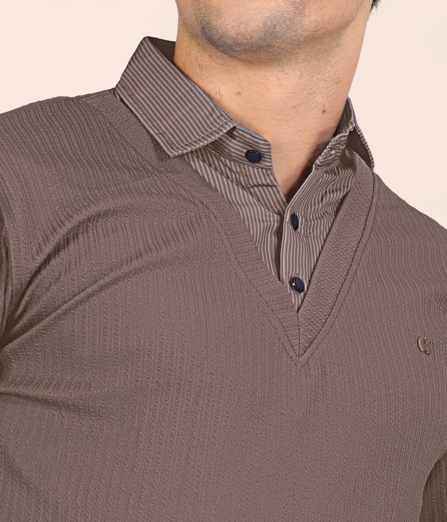 Men’s Premium Brown Textured Long Sleeve Polo T-Shirt