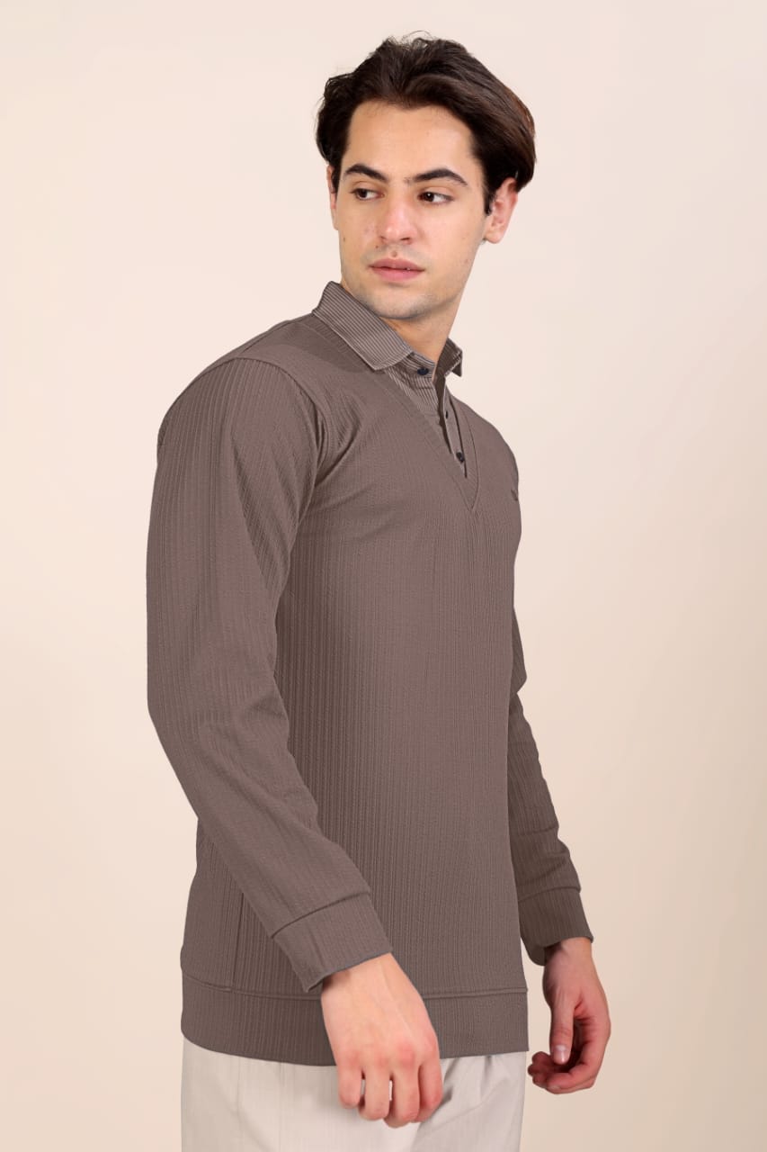 Men’s Premium Brown Textured Long Sleeve Polo T-Shirt
