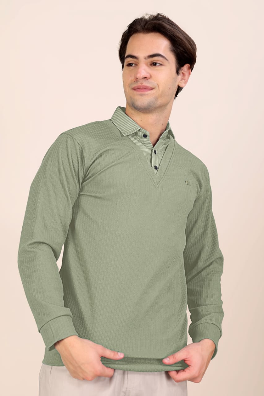 Men’s Premium Sage Green Textured Long Sleeve Polo T-Shirt
