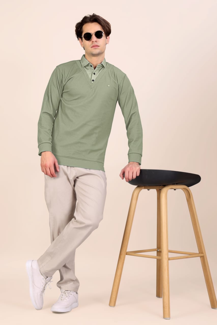 Men’s Premium Sage Green Textured Long Sleeve Polo T-Shirt