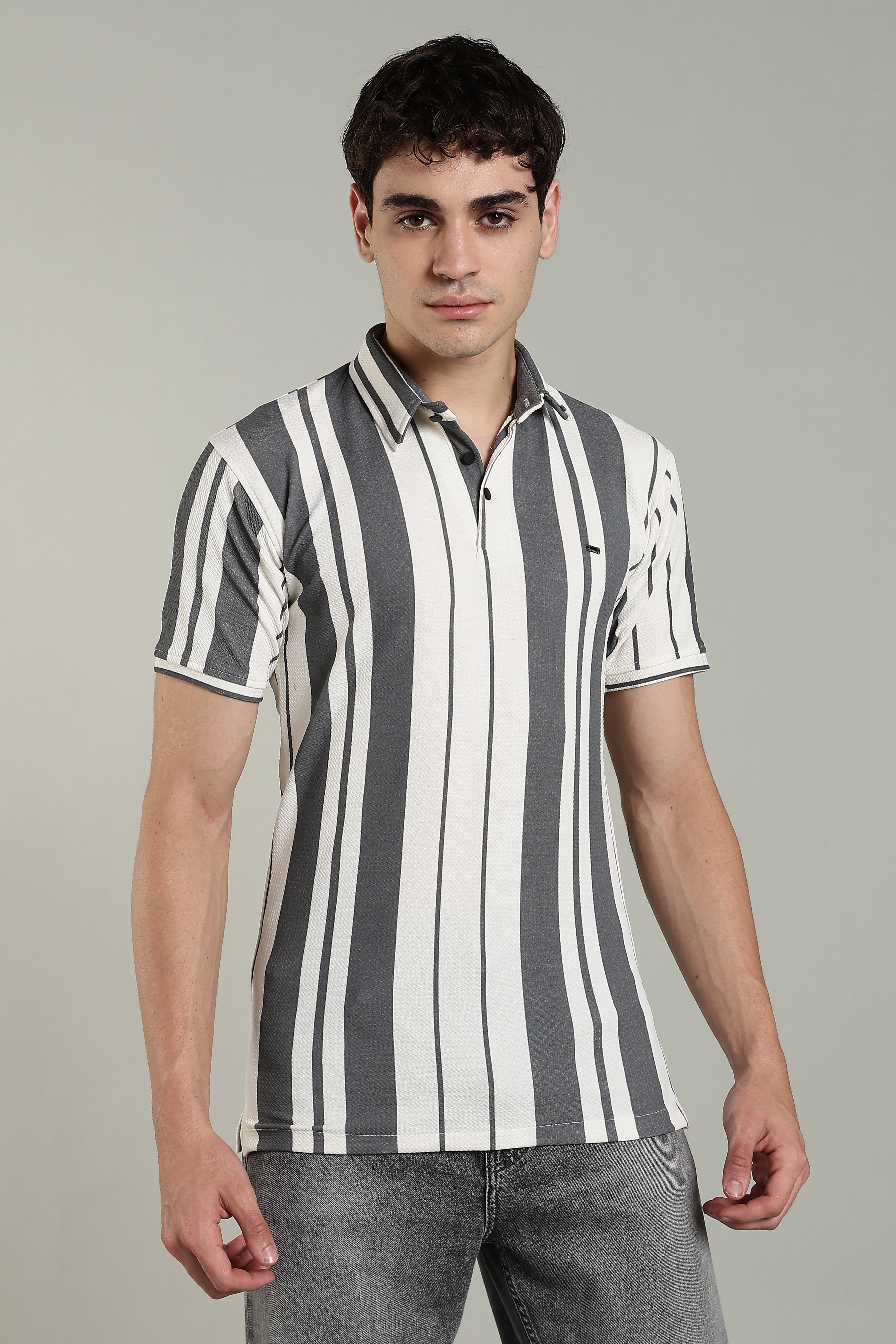 Men’s Premium Grey & White Vertical Striped Polo T-Shirt
