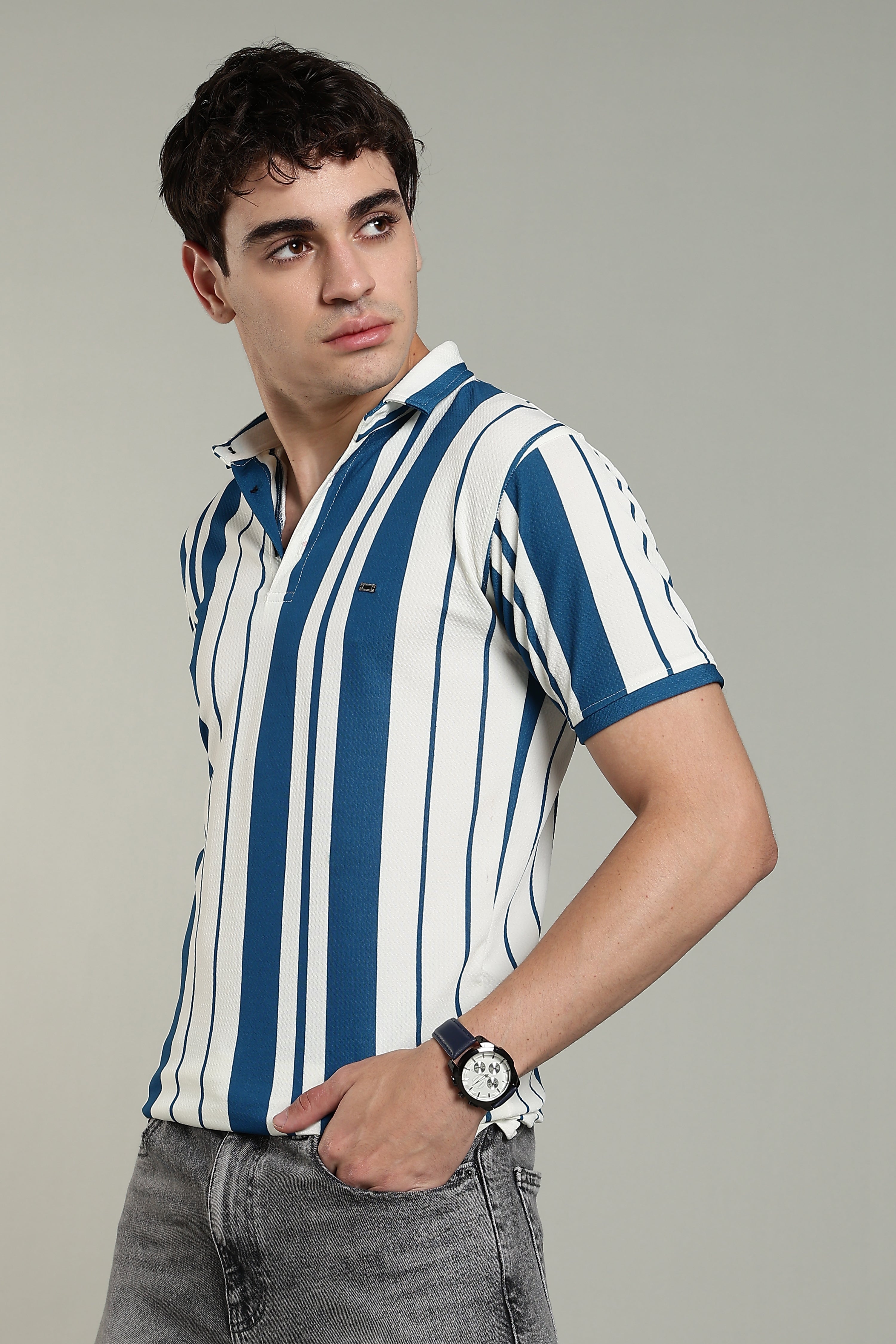 Men’s Premium Blue & White Vertical Striped Polo T-Shirt