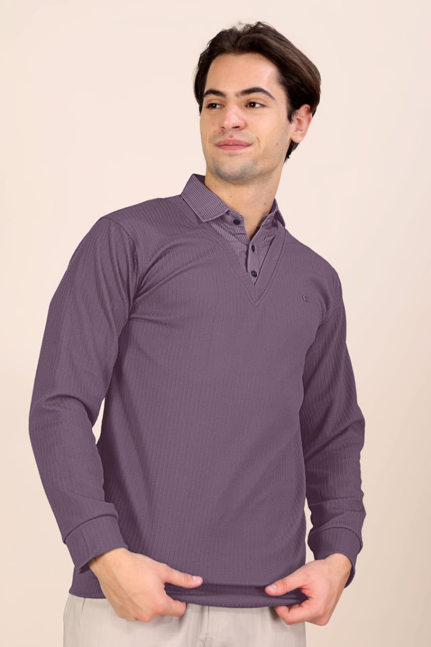 Men’s Premium Purple Textured Long Sleeve Polo T-Shirt
