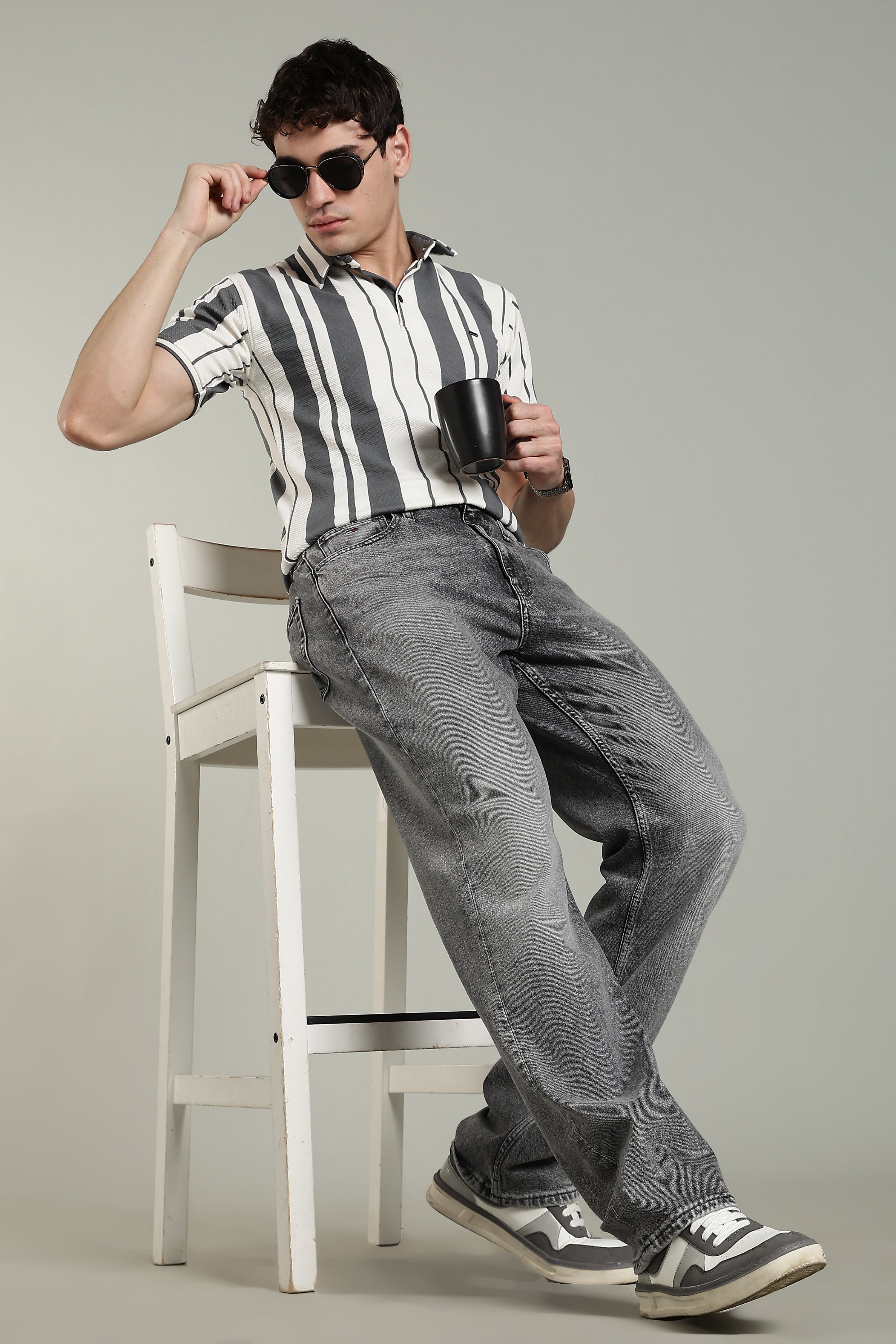 Men’s Premium Grey & White Vertical Striped Polo T-Shirt