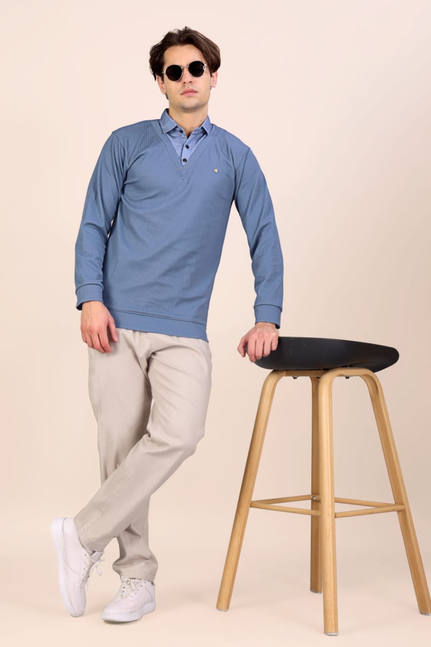 Men’s Premium Textured Blue Long Sleeve Polo T-Shirt | Stylish Casual & Semi-Formal Wear