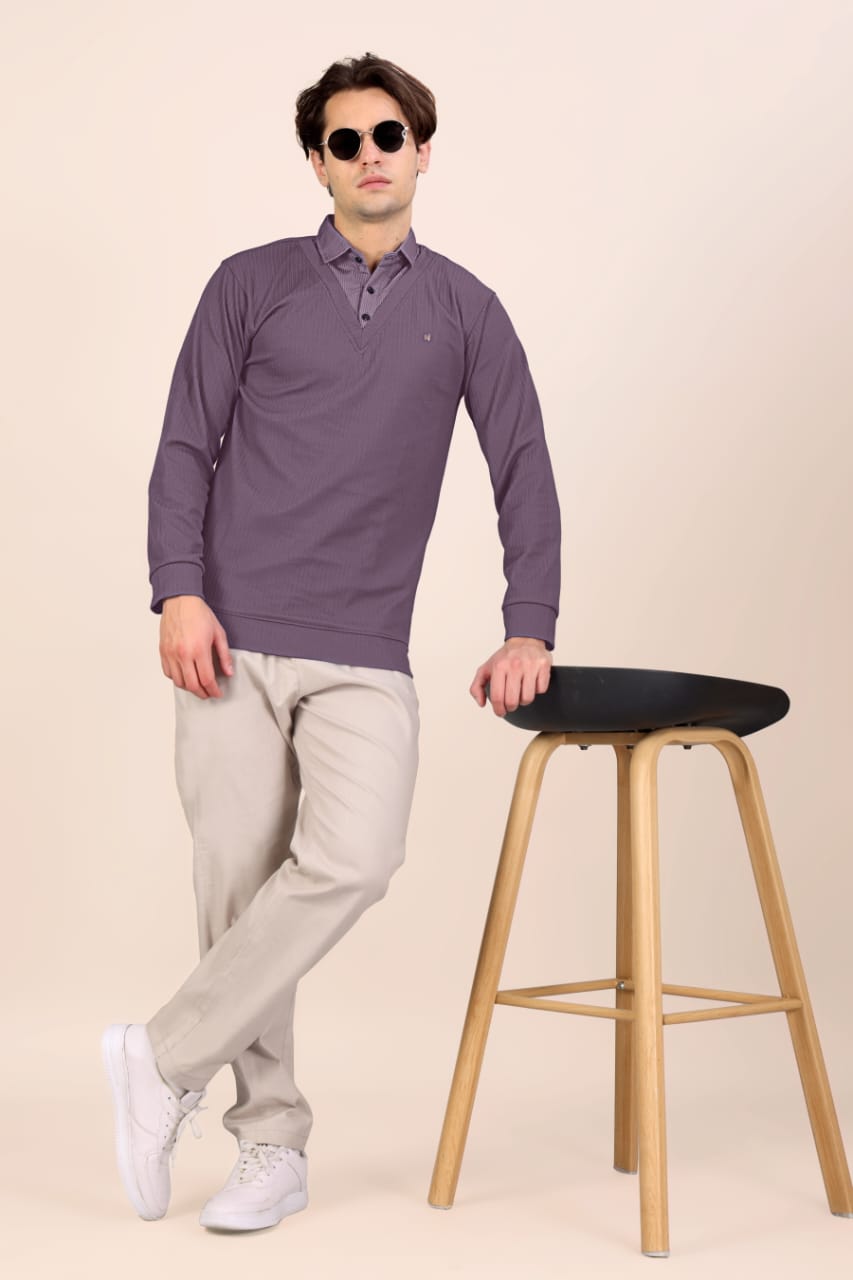 Men’s Premium Purple Textured Long Sleeve Polo T-Shirt