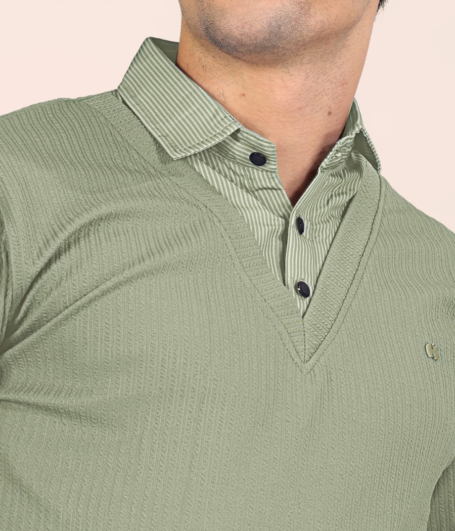 Men’s Premium Sage Green Textured Long Sleeve Polo T-Shirt