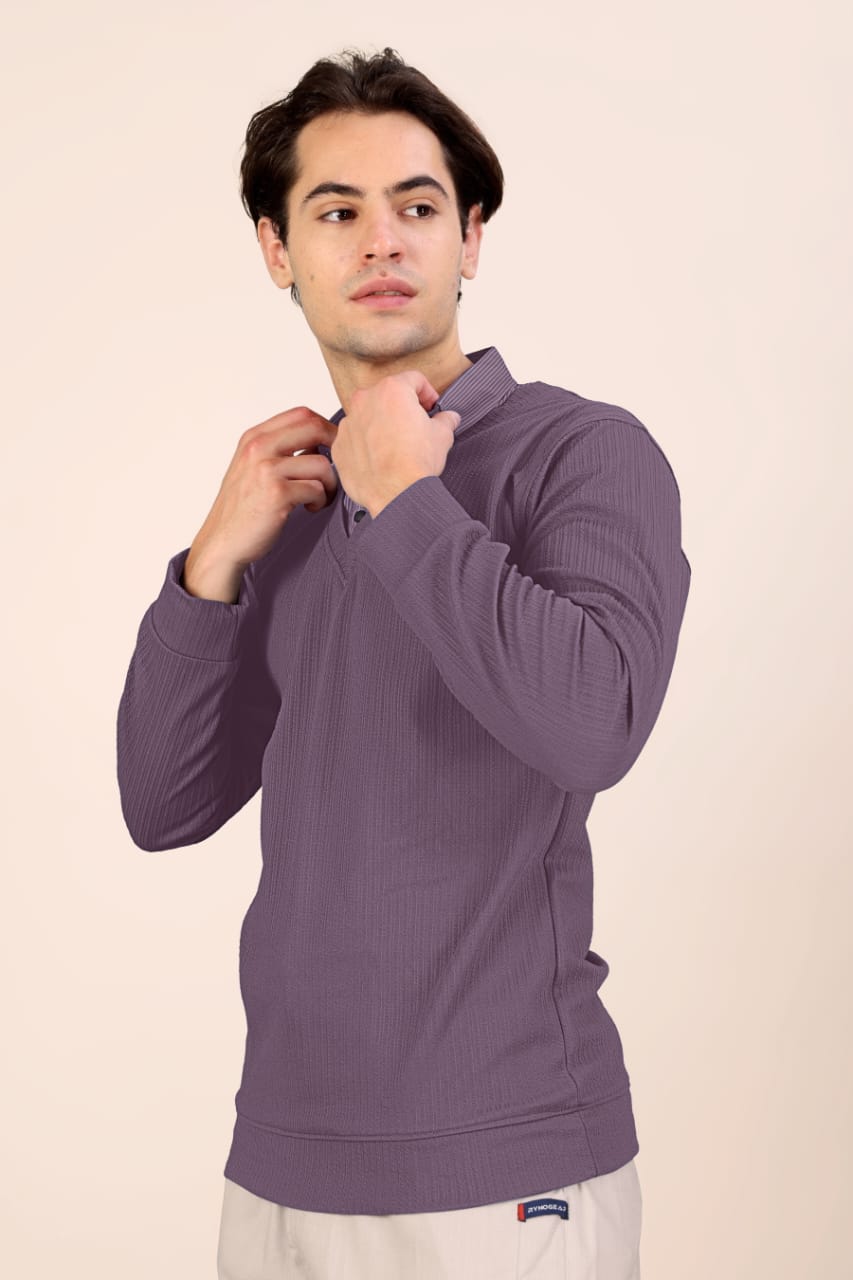 Men’s Premium Purple Textured Long Sleeve Polo T-Shirt