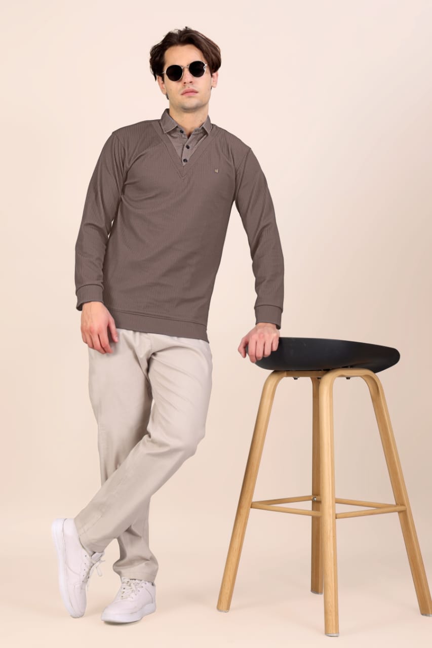 Men’s Premium Brown Textured Long Sleeve Polo T-Shirt