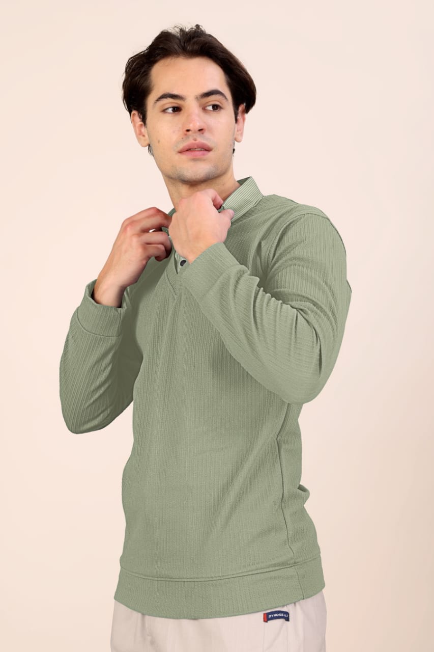 Men’s Premium Sage Green Textured Long Sleeve Polo T-Shirt