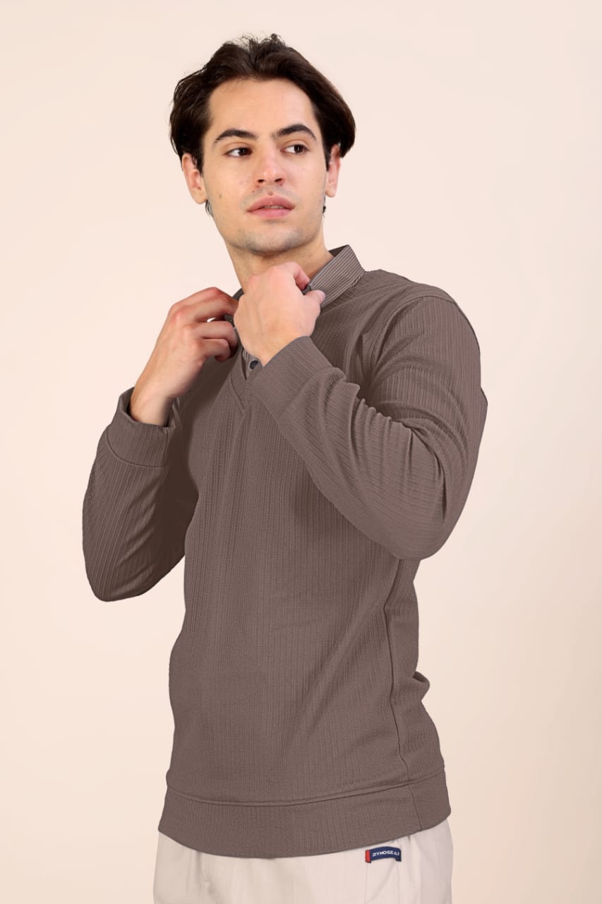 Men’s Premium Brown Textured Long Sleeve Polo T-Shirt