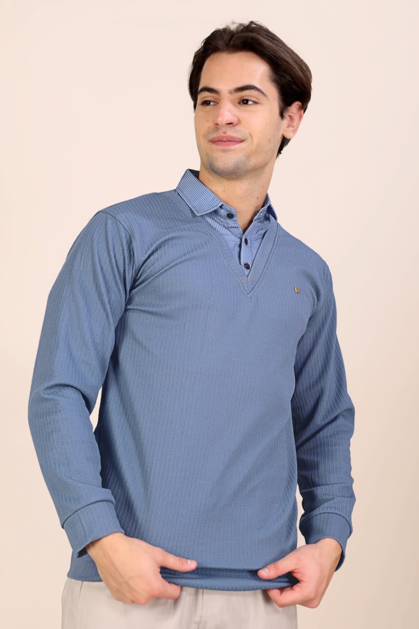 Men’s Premium Textured Blue Long Sleeve Polo T-Shirt | Stylish Casual & Semi-Formal Wear