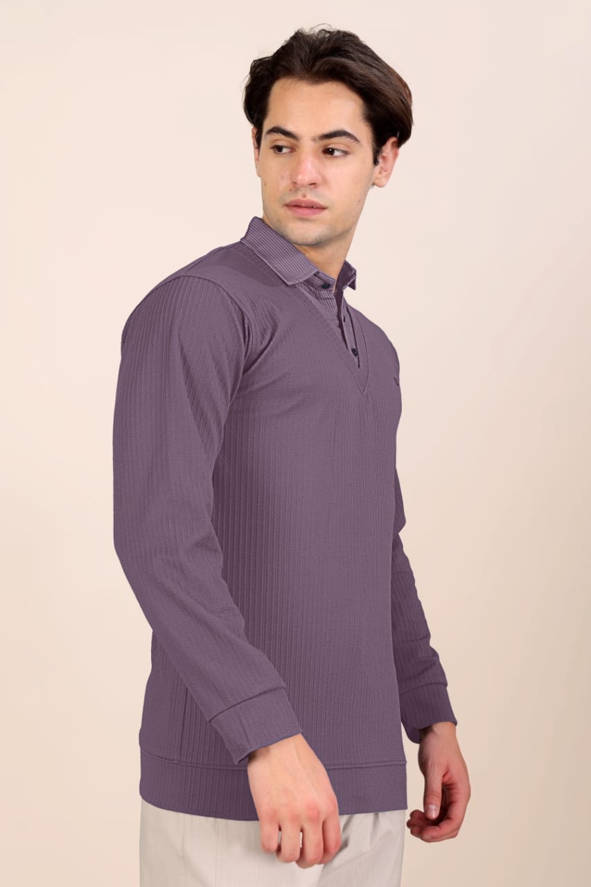 Men’s Premium Purple Textured Long Sleeve Polo T-Shirt