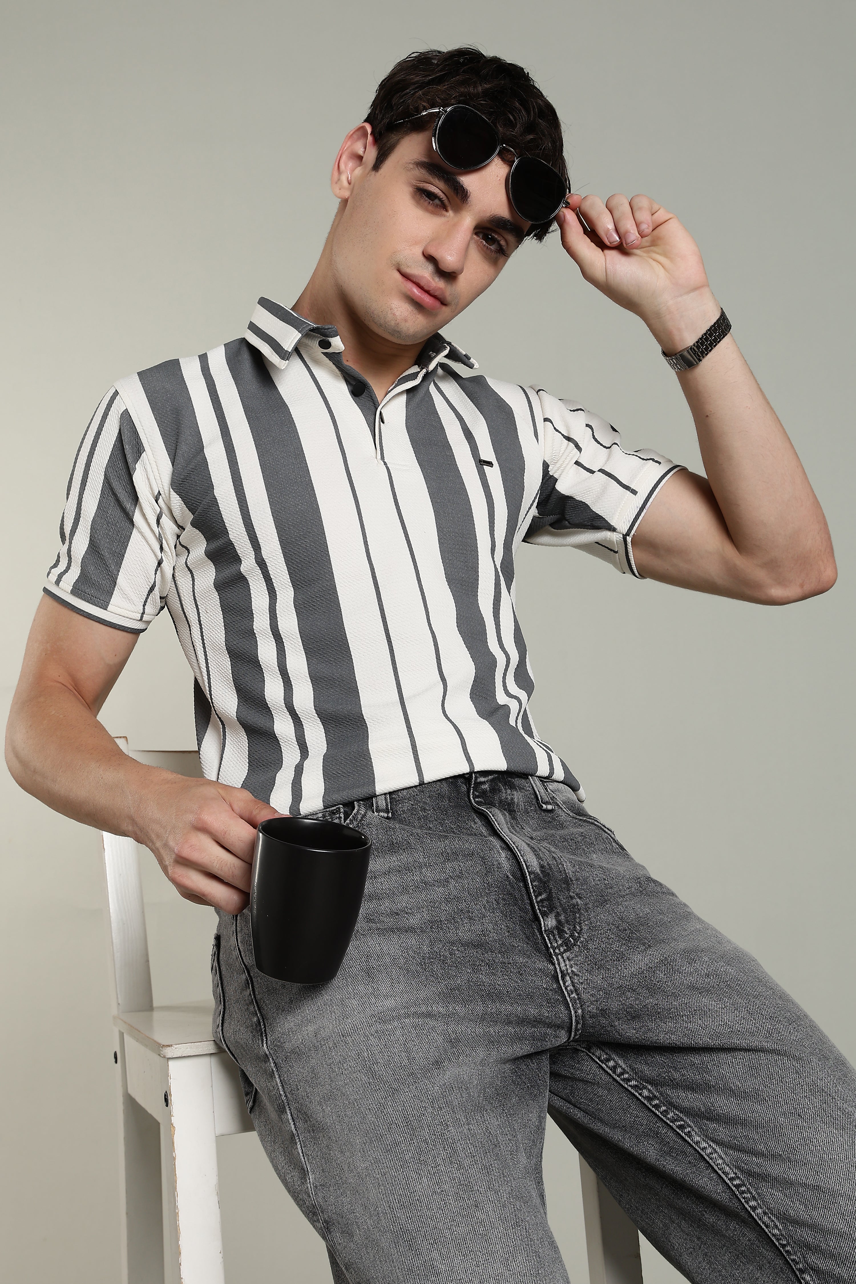 Men’s Premium Grey & White Vertical Striped Polo T-Shirt
