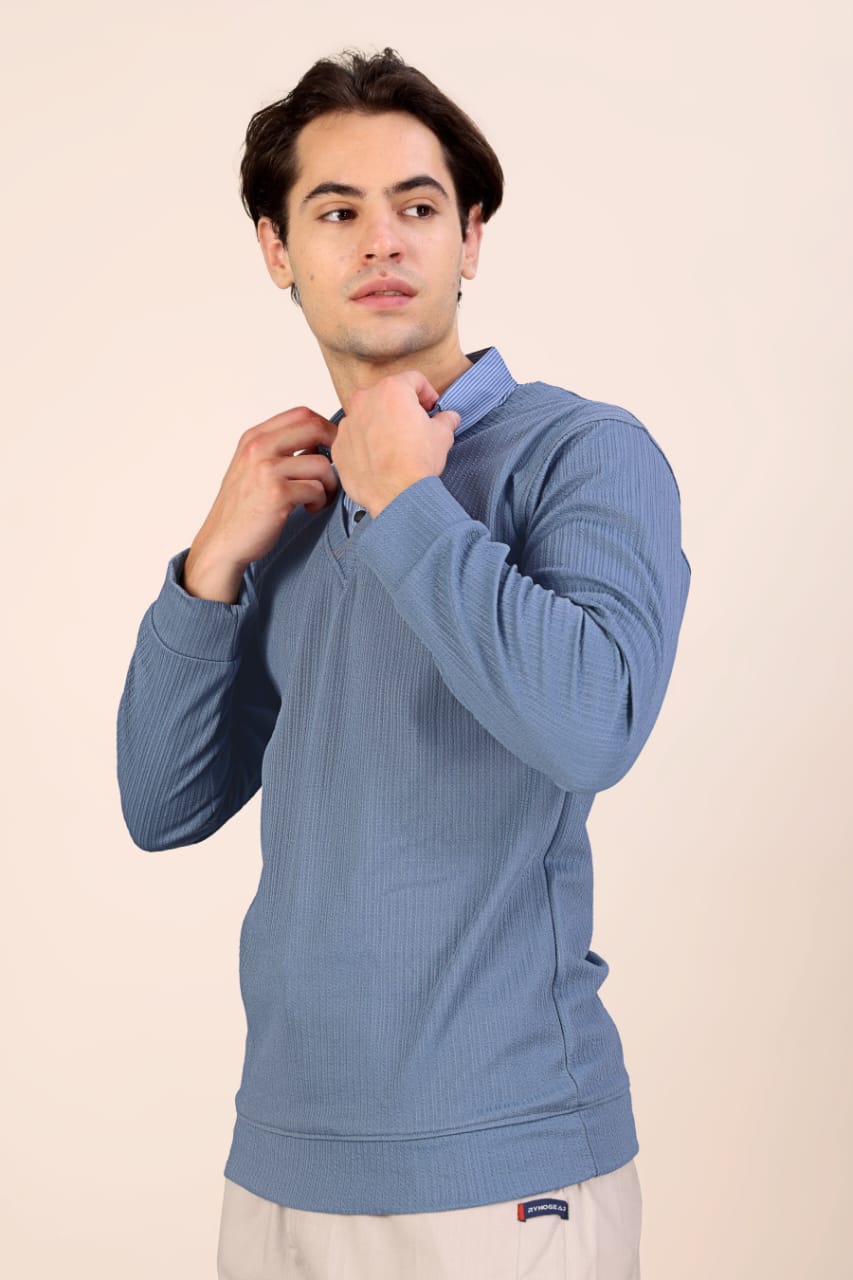 Men’s Premium Textured Blue Long Sleeve Polo T-Shirt | Stylish Casual & Semi-Formal Wear