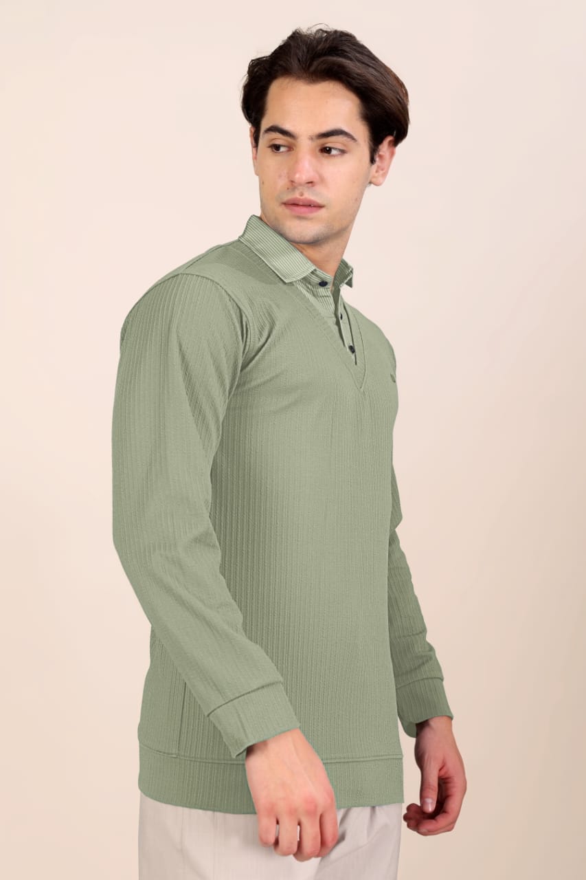 Men’s Premium Sage Green Textured Long Sleeve Polo T-Shirt