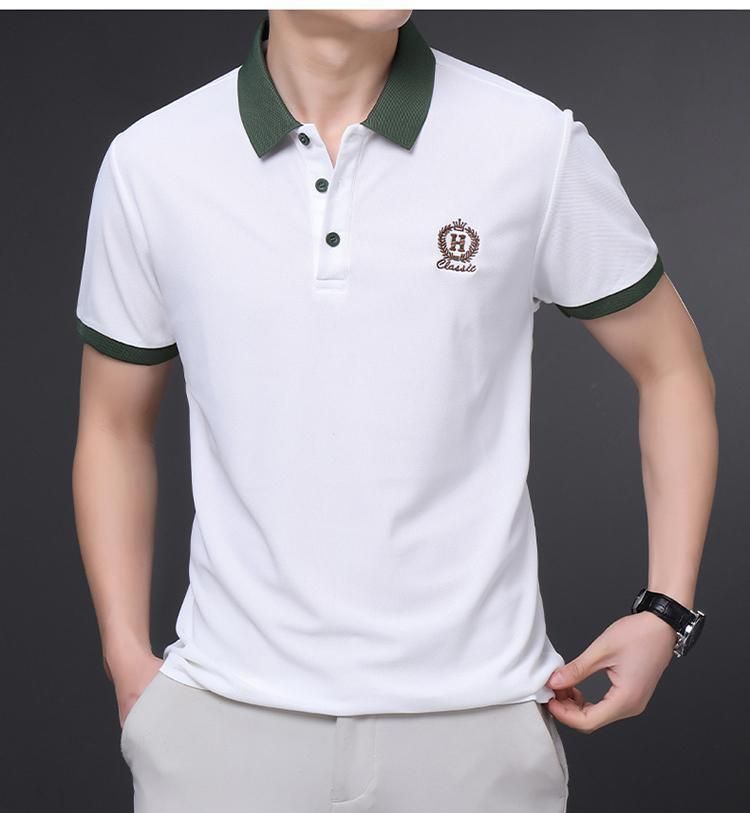 Men’s White Polo T-Shirt with Green Collar – Premium Cotton Short Sleeve T-shirt