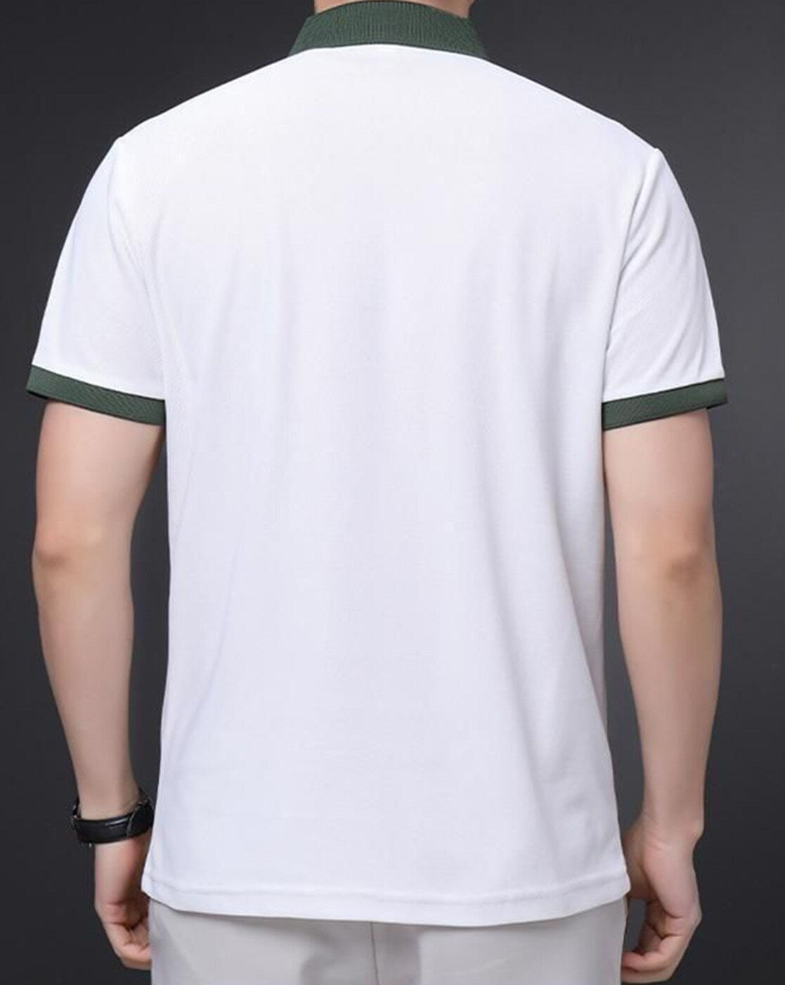 Men’s White Polo T-Shirt with Green Collar – Premium Cotton Short Sleeve T-shirt