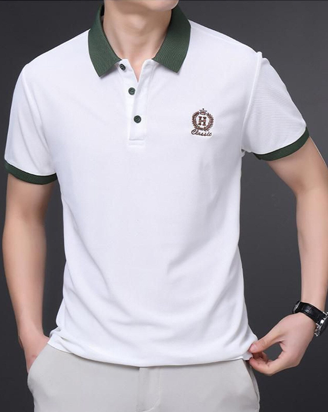 Men’s White Polo T-Shirt with Green Collar – Premium Cotton Short Sleeve T-shirt